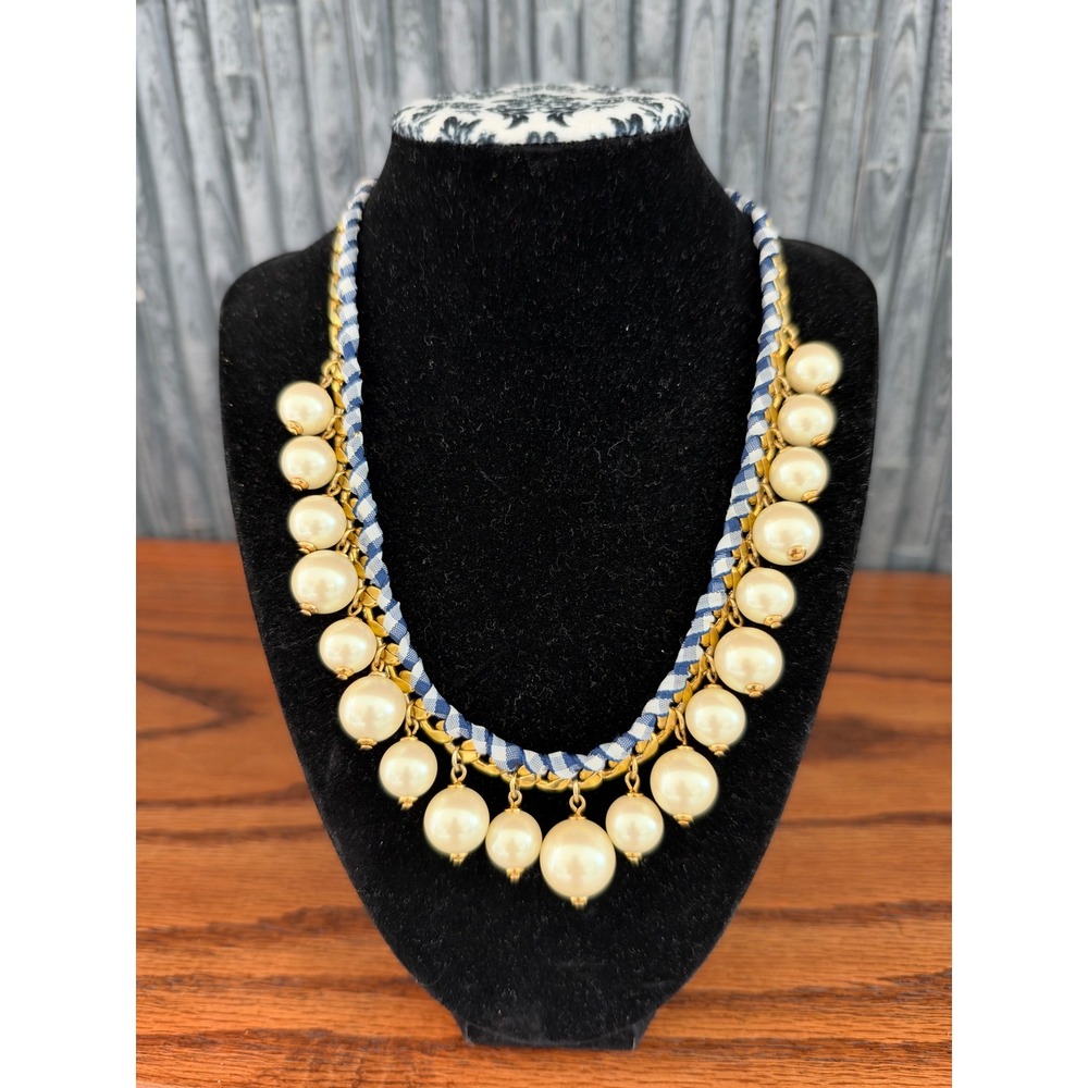 Kate Spade Pretty PearlyStatement Necklace Blue White Gold Tone Fringe